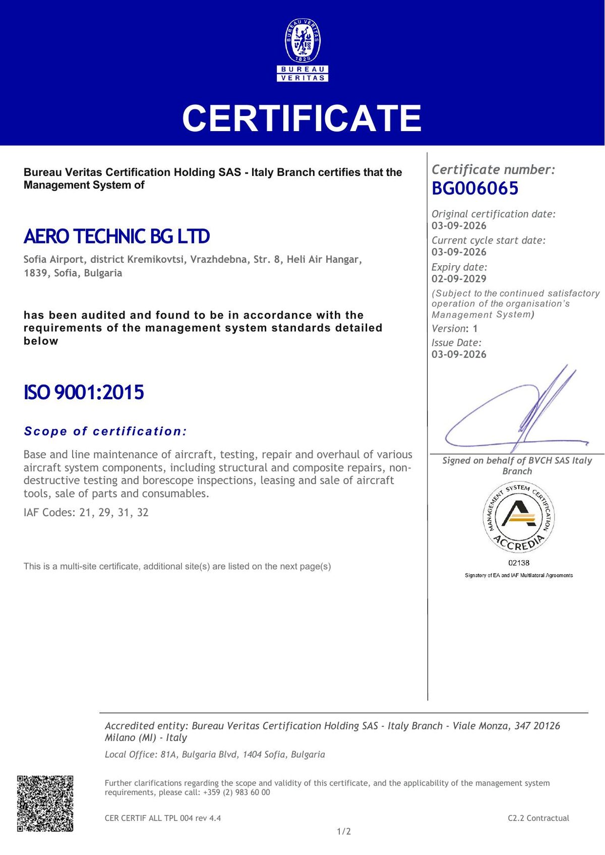 Сертификат по ISO 9001:2015 BG006065, издаден от Bureau Veritas Certification